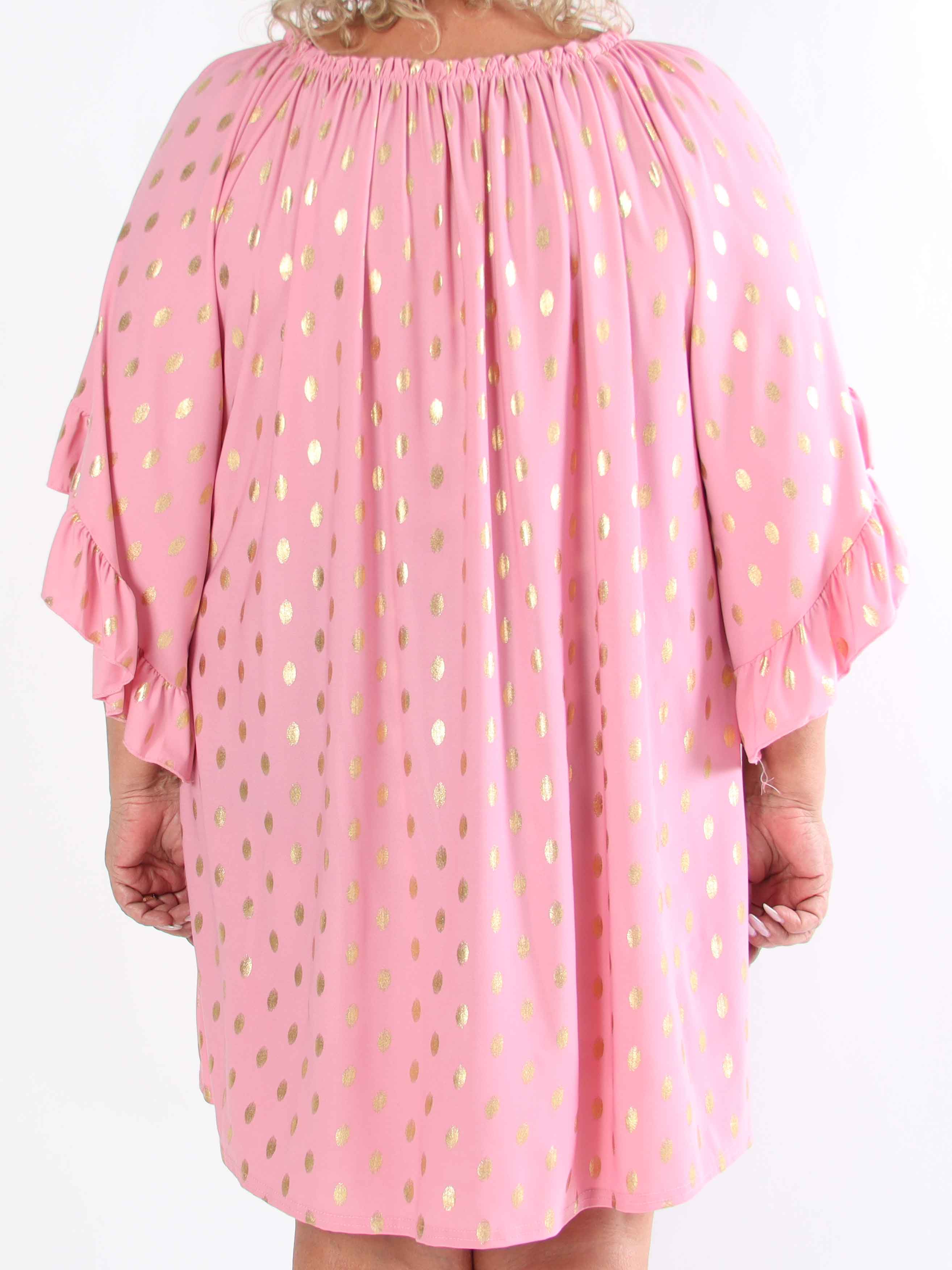 Yasma - Plus size tunikakjole med guld prikker og flæseærmer